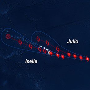 Hurricane Iselle and Hurricane Julio satellite view paths