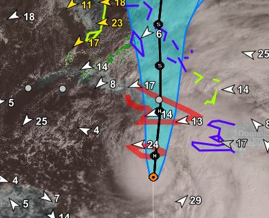 Satellite view of Hurricane Sandy with wind direction and speeds