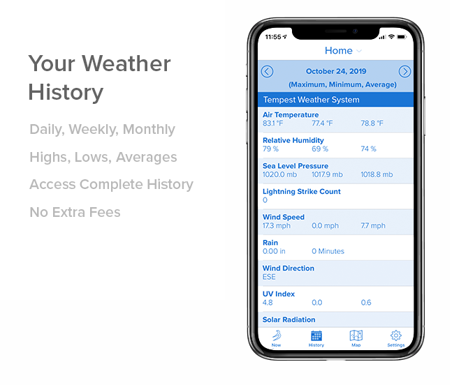 The Tempest weather app shown on a smartphone with weather history