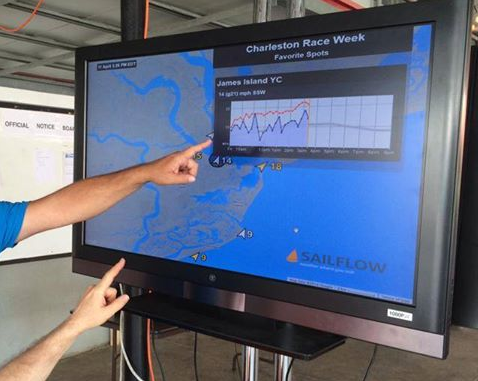 Hands pointing at a screen showing wind readings on James Island YC for Charleston Race Week