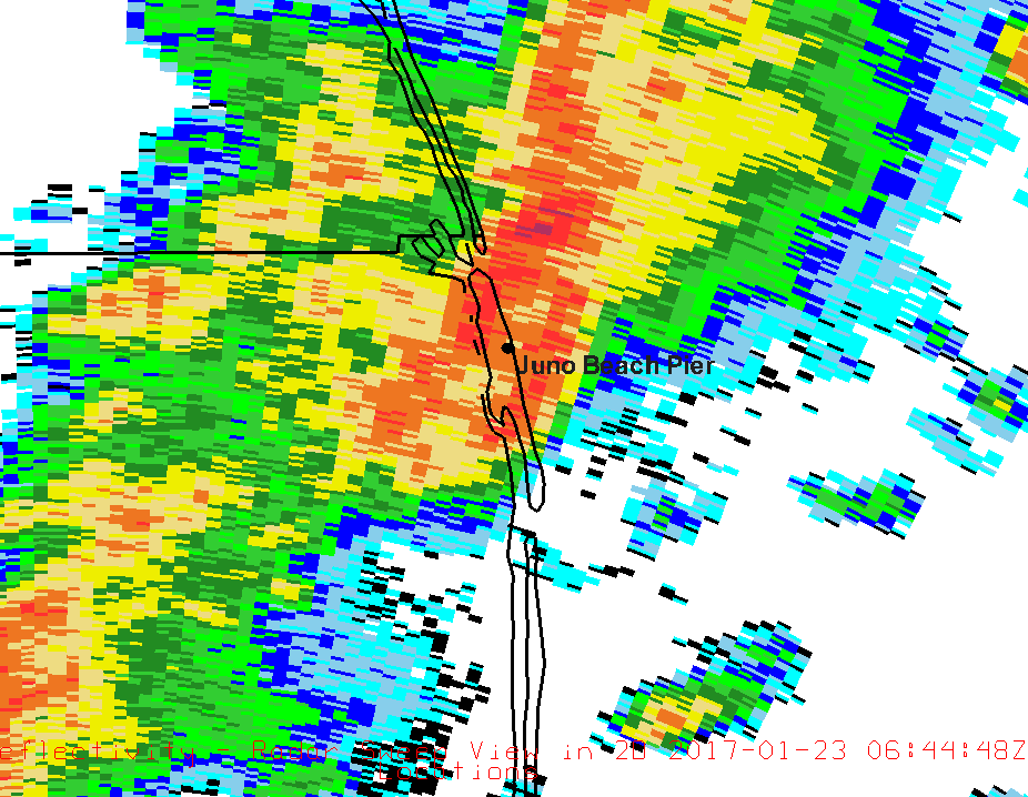 Juno Beach Pier radar map showcasing a severe storm