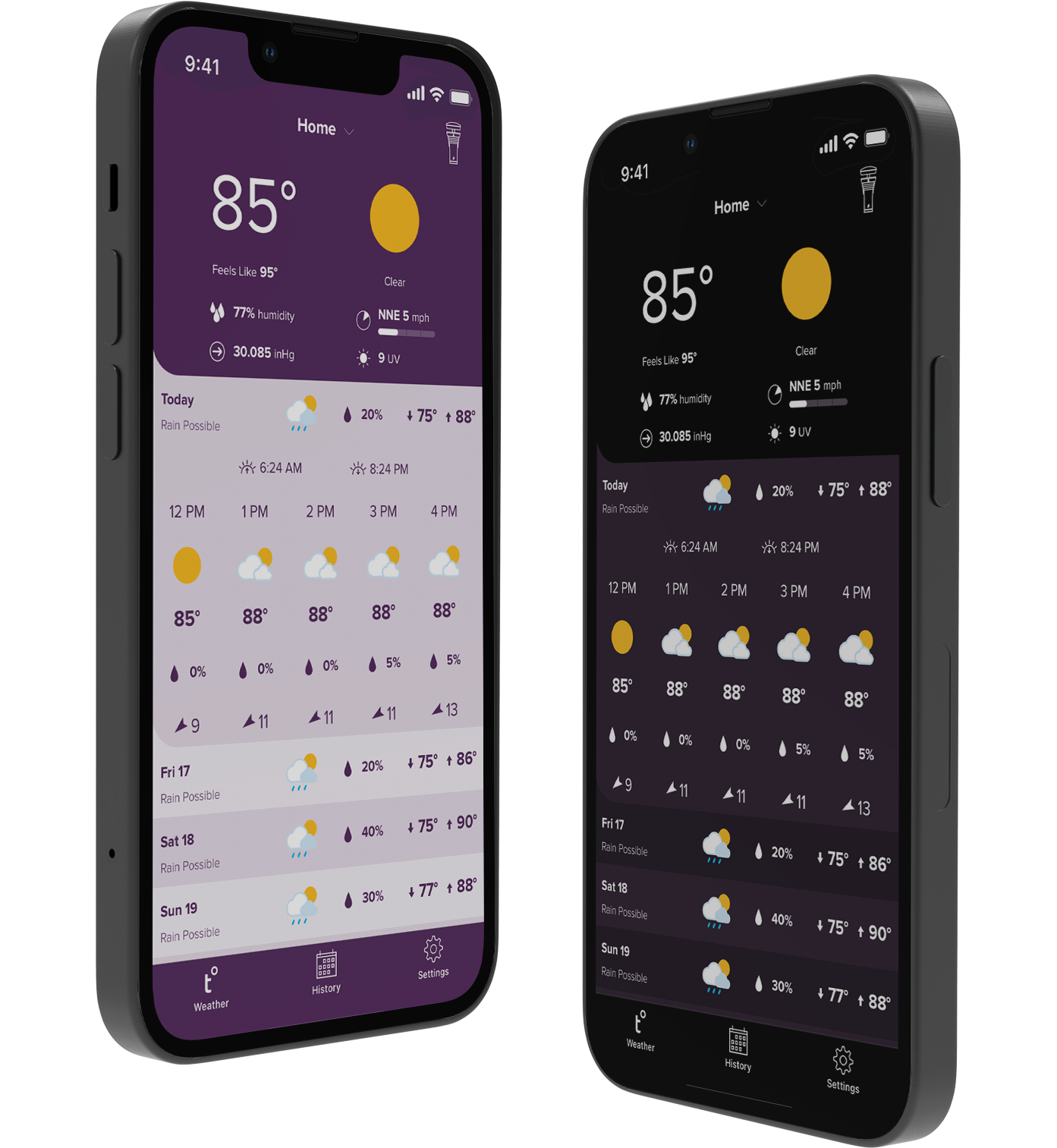 Two smartphones showing the light mode and dark mode of the Tempest App