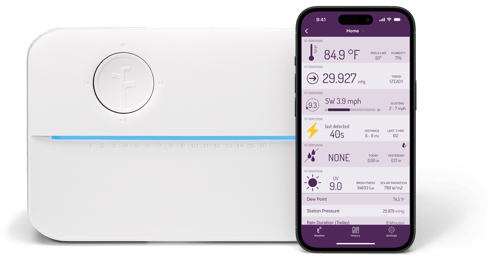 A Rachio sprinkler controller next to a smartphone with the Tempest App on it