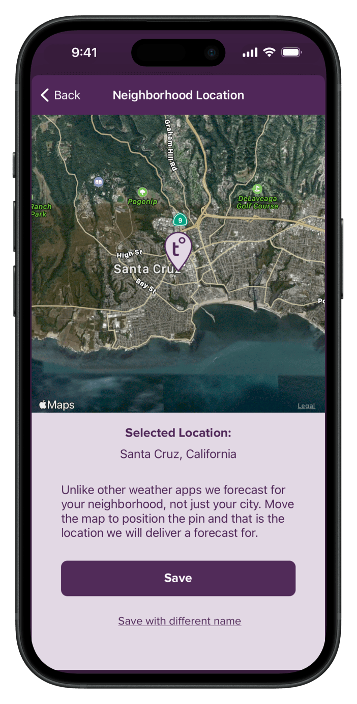 A smartphone with the Tempest app and a neighborhood location weather report for Santa Cruz California