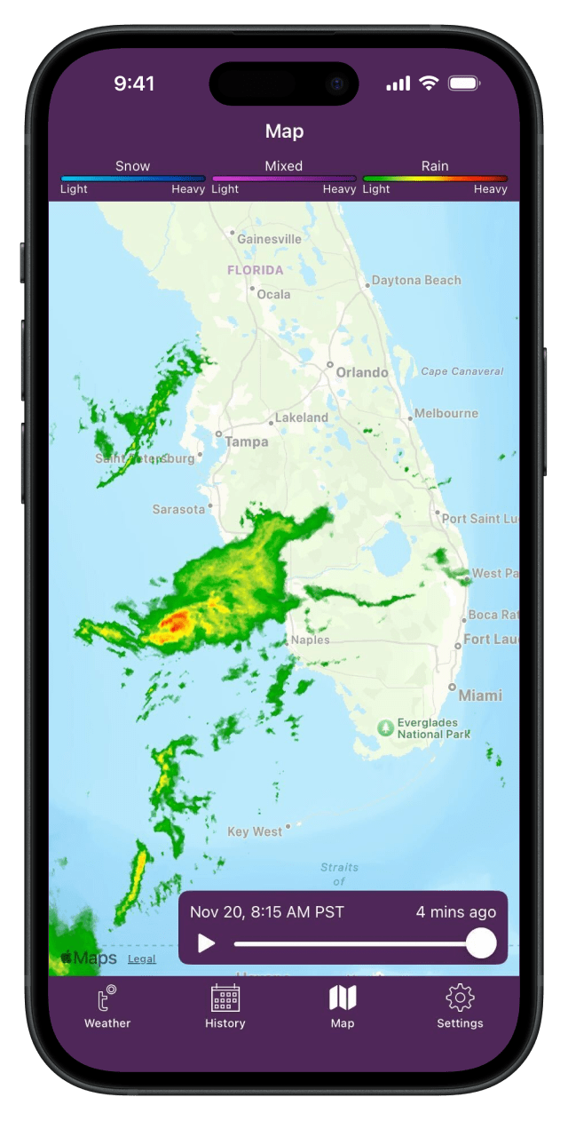 A radar view of a storm approaching the coast of Florida on a phone from the Tempest App