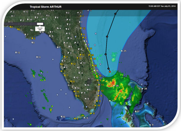 Forecast of Tropical Storm Arthur off the eastern coast of Florida