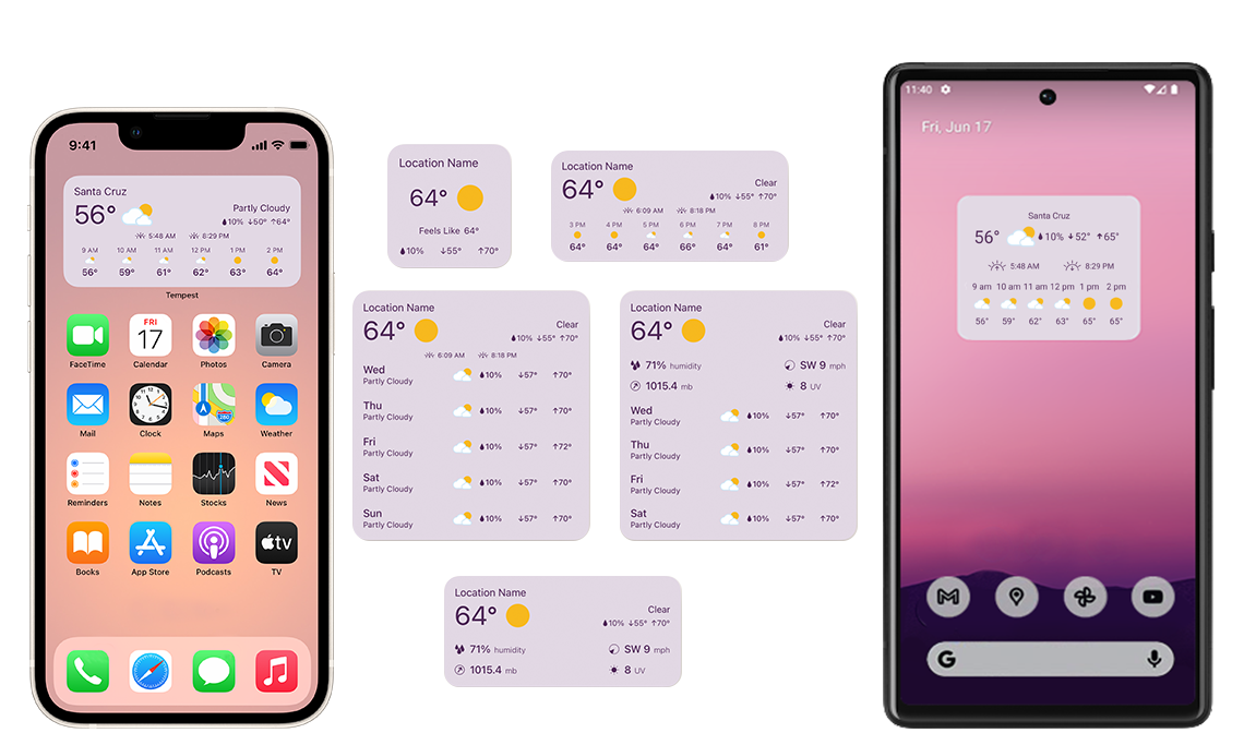 Tempest App widget sizing for weather data on both Apple iPhone ad Android